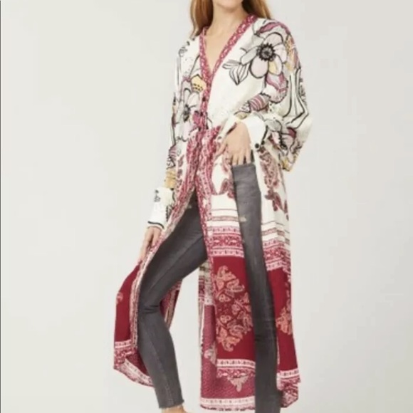Free People Duster Kimono Mixed Print Ivory Wine - Picture 7 of 7